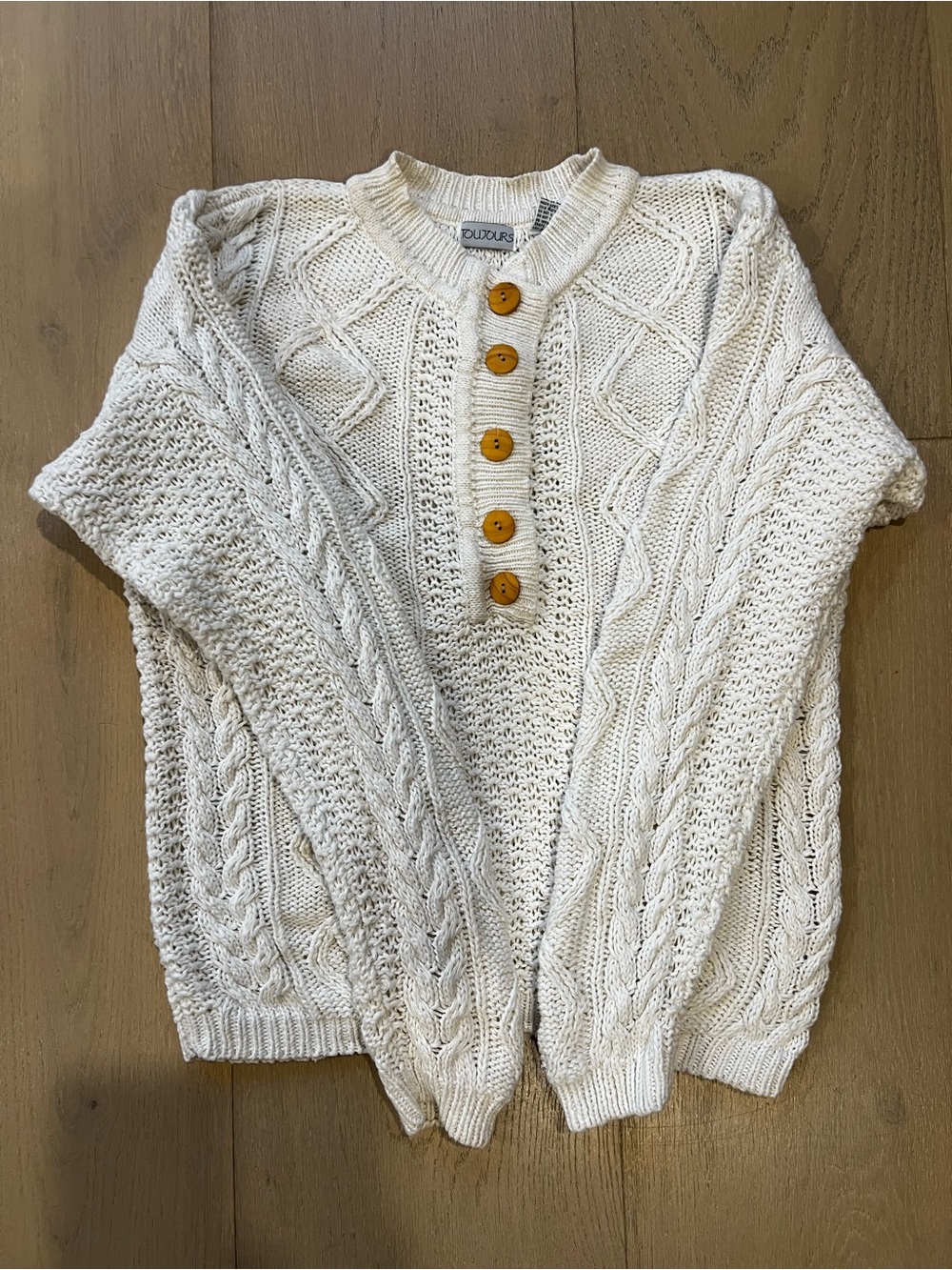 Vintage Toujours Cable Knit Button Sweater Cotton Ramie Cream Small